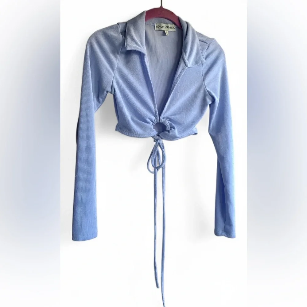 ALMOST FAMOUS Light Blue Long Sleeve Tie Front Tortoise Ring Crop Top Shirt - Picture 1 of 8